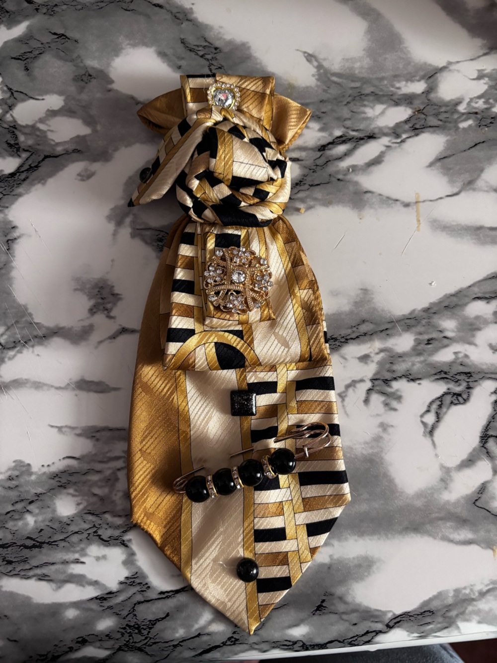 Silk Necktie with Gold Black Cream Geometric Pattern